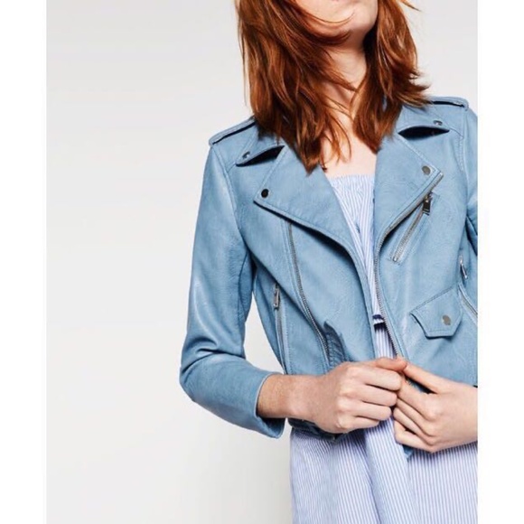 Zara Sky Blue Leather Biker Jacket - Picture 10 of 16